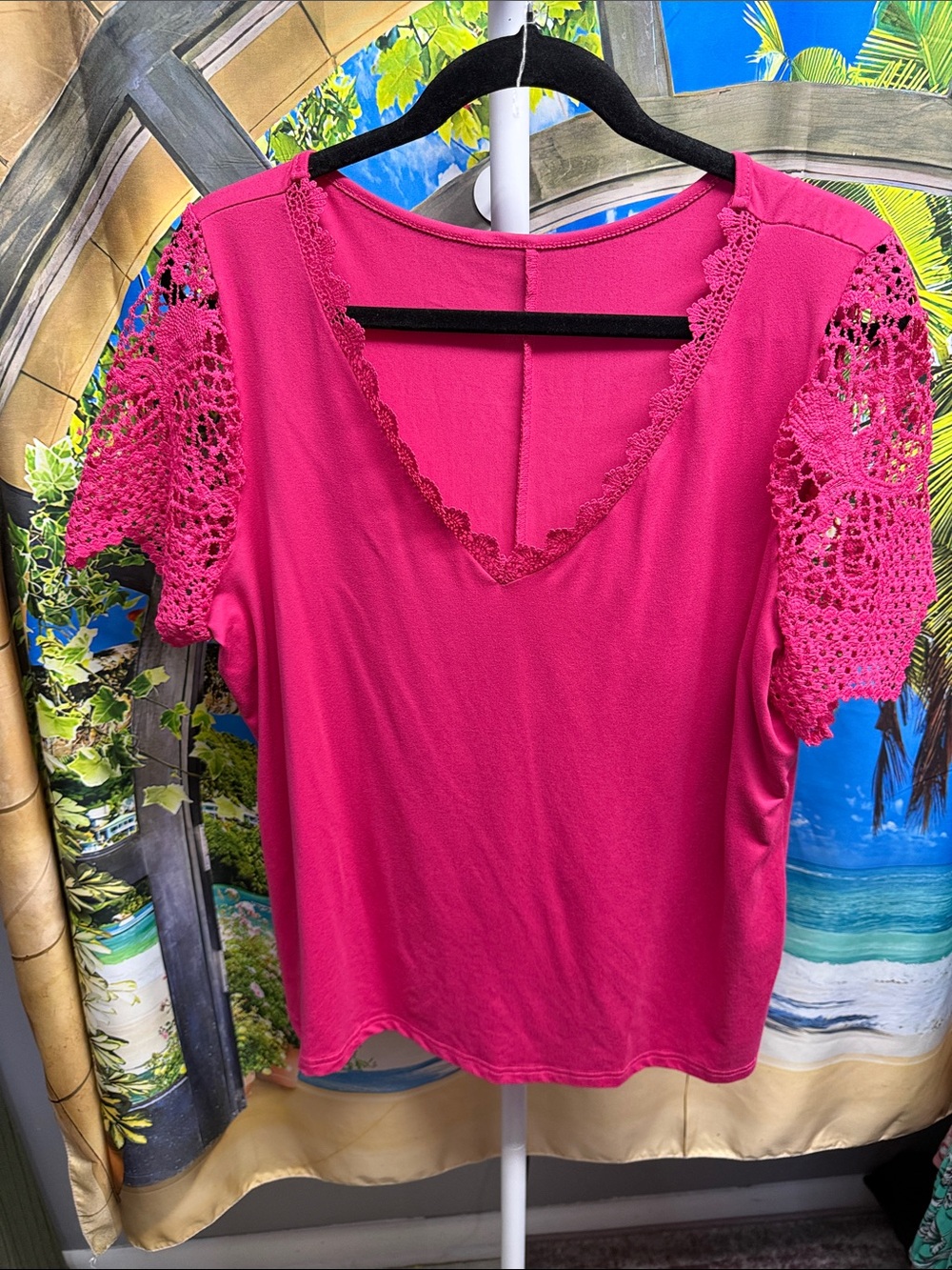Pink Crochet Sleeve V-Neck Top